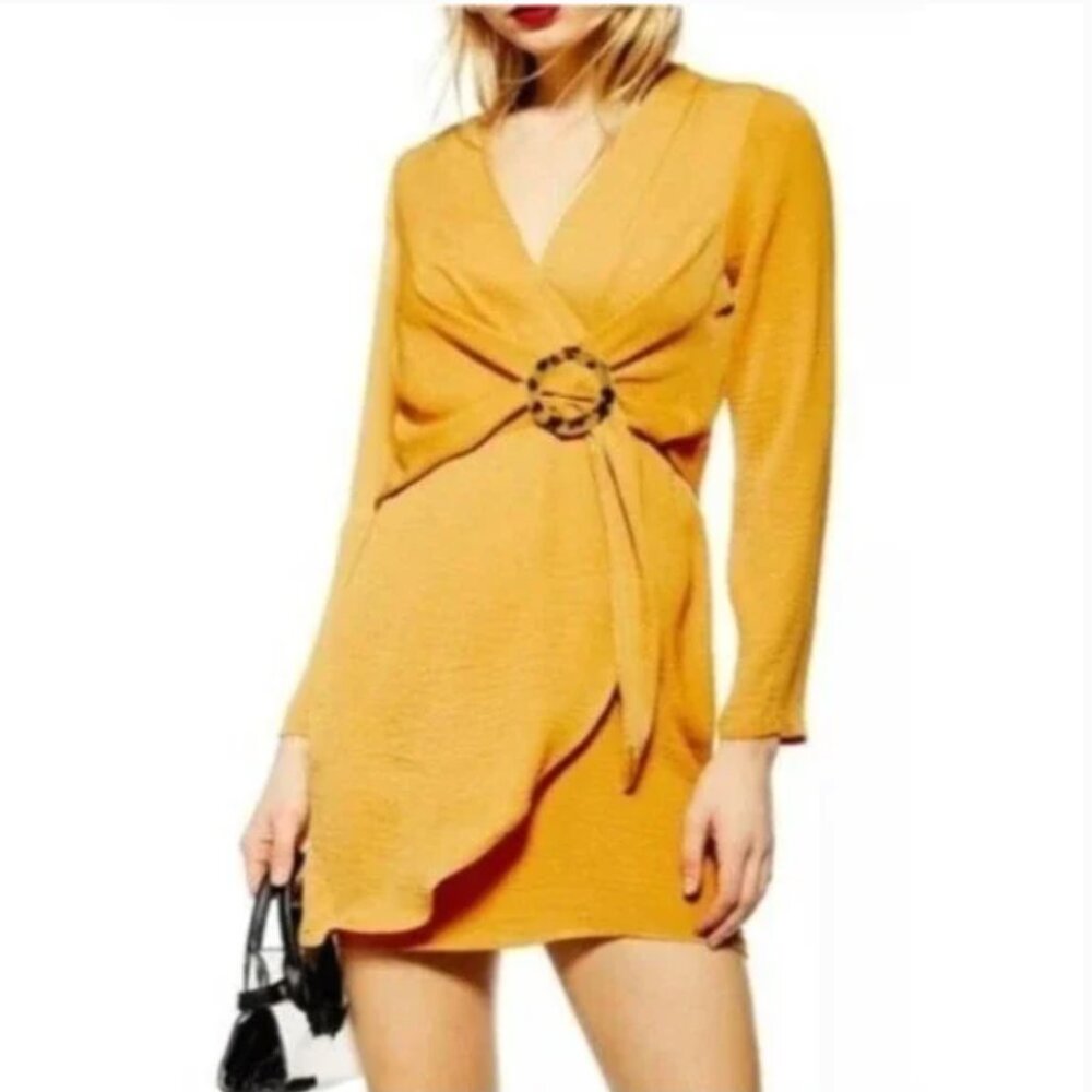 Topshop yellow dress women mustard yellow long sleeve wrap dress size 10